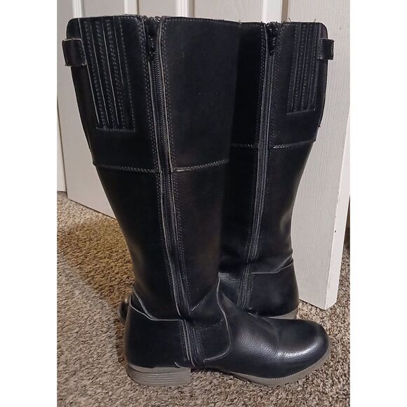 Clarks Black Leather Tall Riding Boots Stretch Panel Women's Size 7.5 Block Heel - Picture 3 of 6